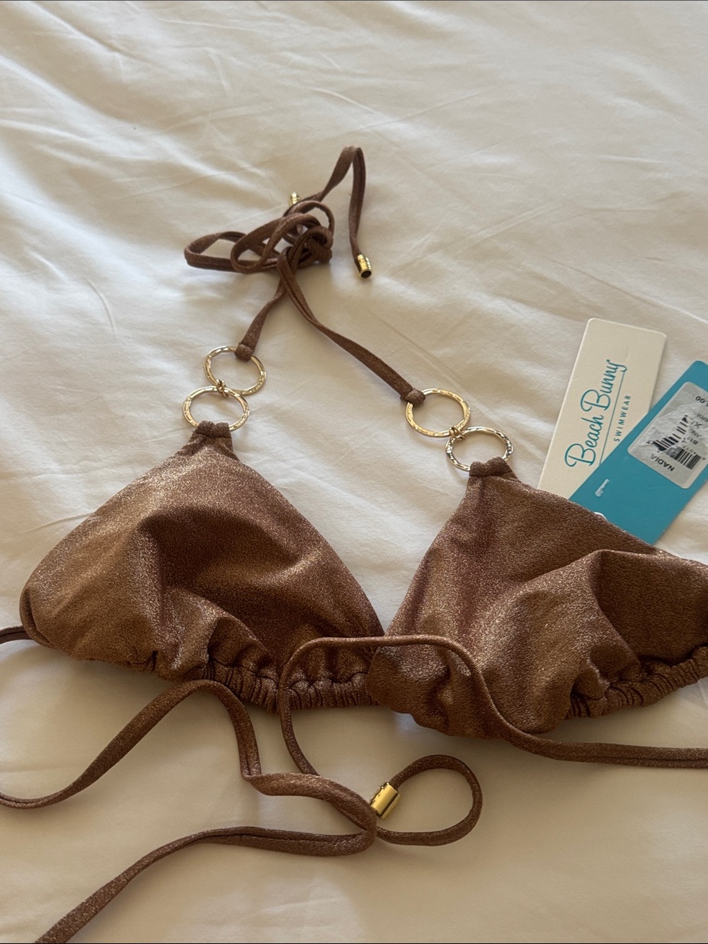 Beach Bunny Glitter Nude Triangle Bandeau Top with Gold Rings Size XL